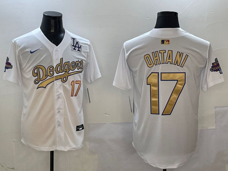 Men Los Angeles Dodgers #17 Ohtani White Champion gold character 2025 Nike MLB Jersey style 5->los angeles dodgers->MLB Jersey